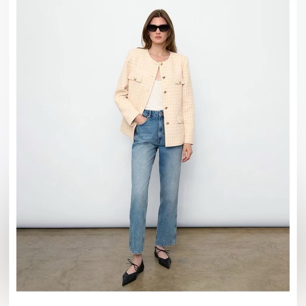 NWT Anine Bing Janet Jacket In Cream And Peach Houndstooth